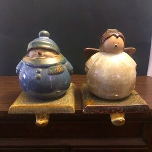 Vintage Kirklands Potters Garden Snowman And Angel Pottery Stocking Hangers
